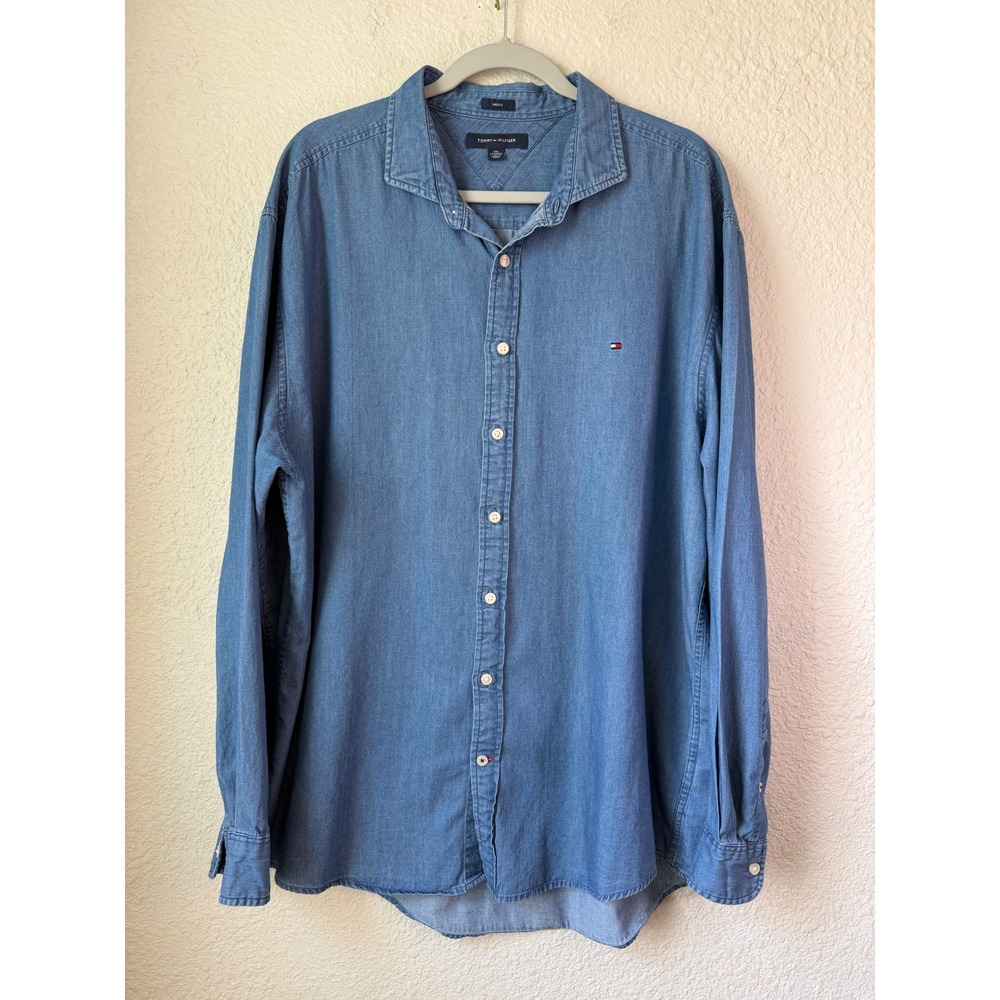 Tommy Hilfiger XXL Chambray Indigo Cotton Button Down Long Sleeve Shirt Blue